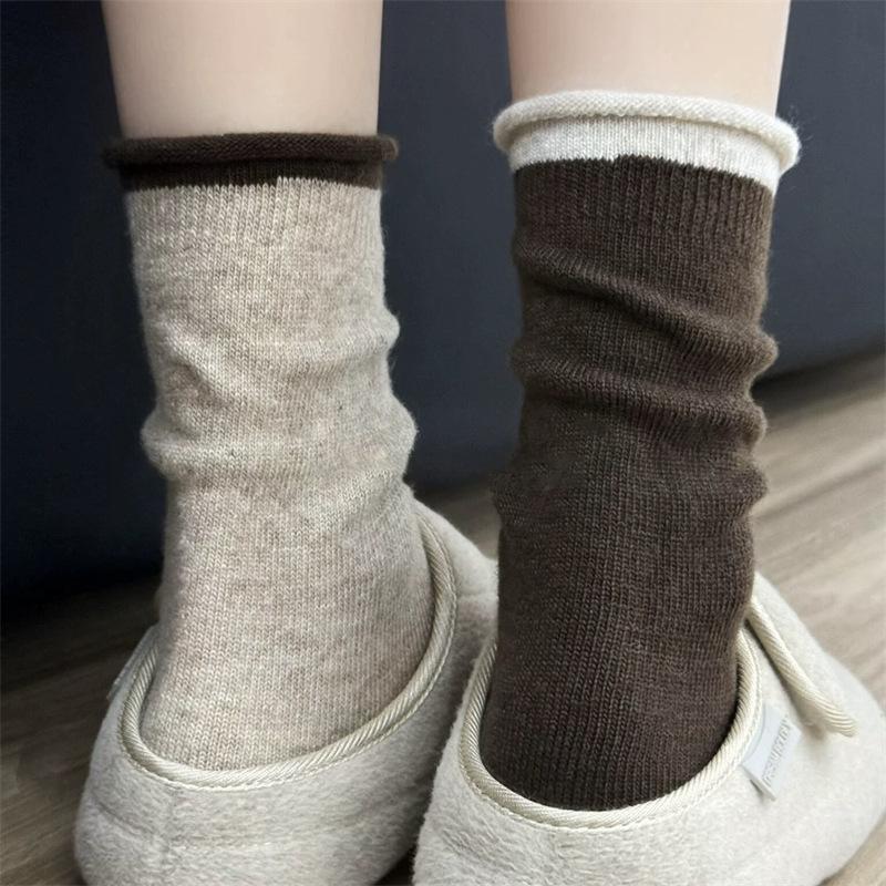 Lazy Wind~ Korean Curled Hem Contrasting Piles Of Socks Soft And Waxy Warm Wool Socks Are Easy To Wear For Versatile Socks For Women