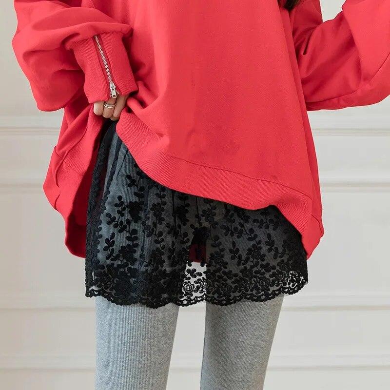 Extensoare de fustă pentru femei cu tiv din dantelă, primăvară, toamnă, stratificată, topuri false, cu tiv, cu broderie de flori, mini-fustă negru alb