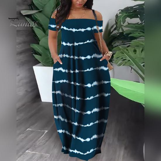 Women Dress Off Shoulder Colorful Digital Print Short Sleeve Loose Backless Pockets Plus Size Soft Lady Maxi Dress