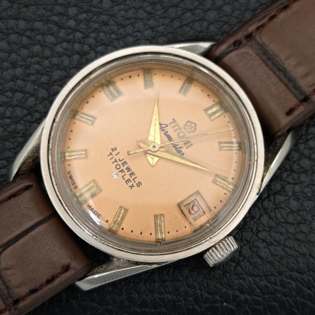 SCHWEIZISK VINTAGE TITONI AIRMASTER TITOFLEX MANUELL UPPLINDNING HERRUR BEIGE a705143-1