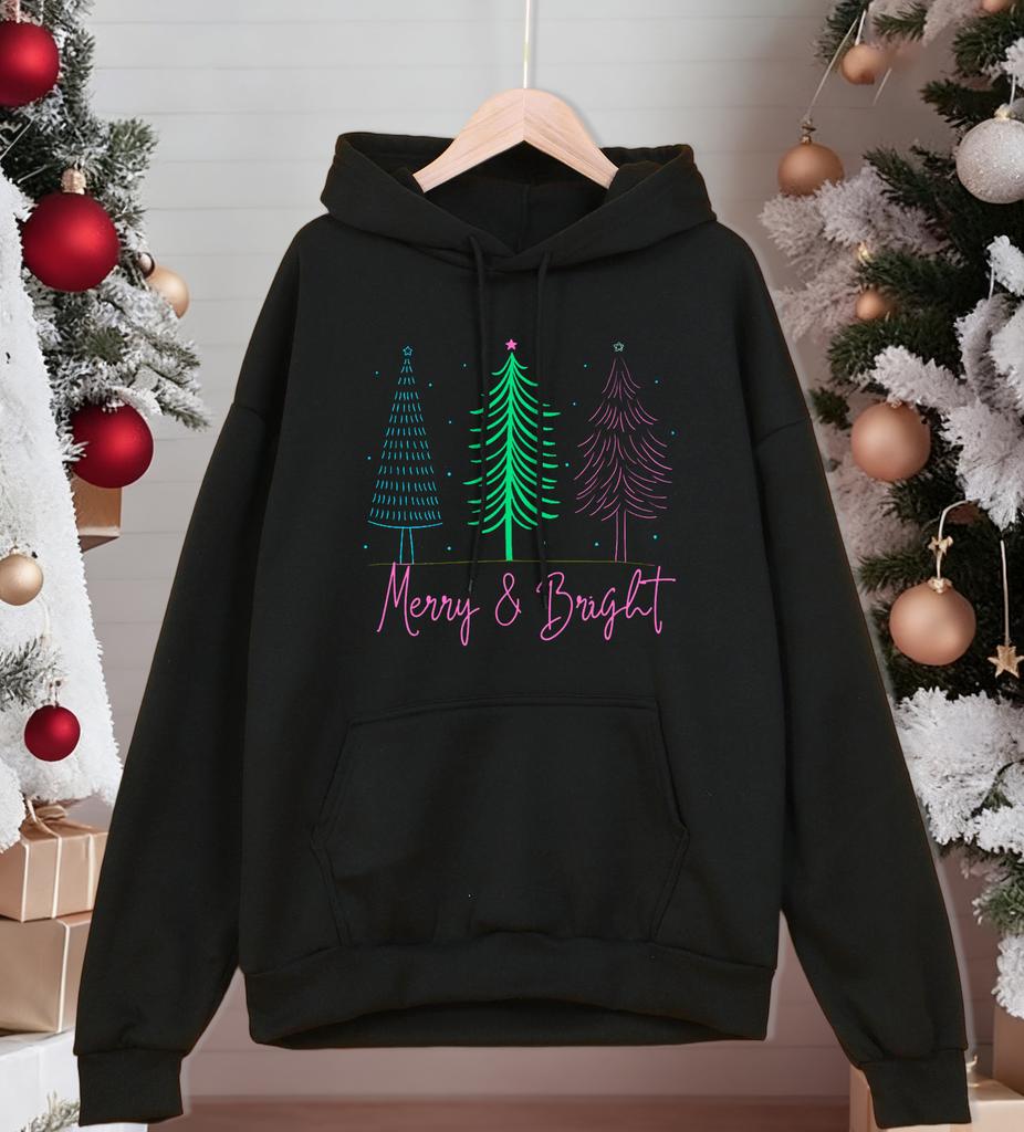 Merry Bright Christmas Trees Printing Men Hoodies Loose Casual Hoody Autumn Fleece Streetwear All-Match Pocket Pullovers