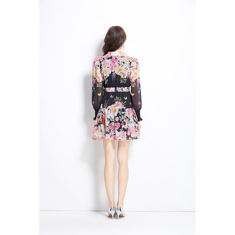 Summer Autumn Women V-neck Lantern Sleeve Print Elastic Waist Holiday Beach Mini Short Lace-up Dresses