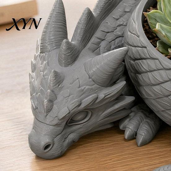 Metal Flower Pot 3D Printed Lying Dragon Flowerpot for Small Green Plants, Decorative Succulents Outdoor Indoor Plant Ornament, Dark Style Figurine