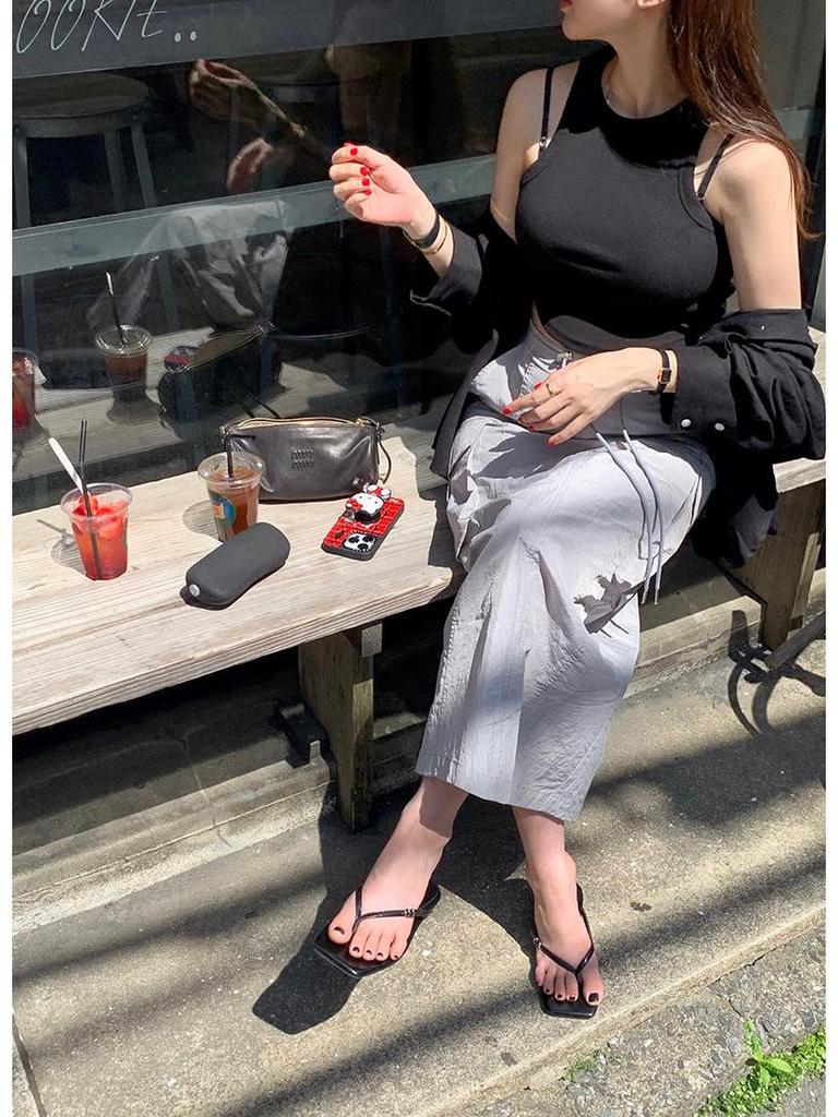 Korean Chic 2026 Spring/Autumn Casual Back Slit Double Pocket Midi Skirt for Women