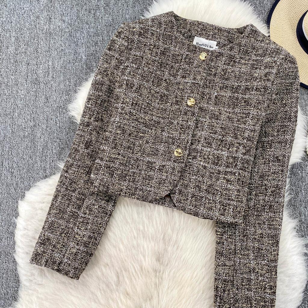 Autumn Winter Women Elegant Little Fragrant Wind Full Sleeve Single Breasted Tweed Short Jacket Coat With Pocket