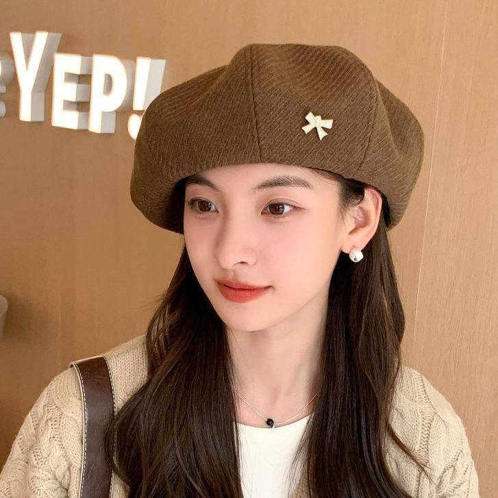Cloud large version beret hat women's autumn and winter literary and retro painter hat splicing dome showing face small pumpkin hat