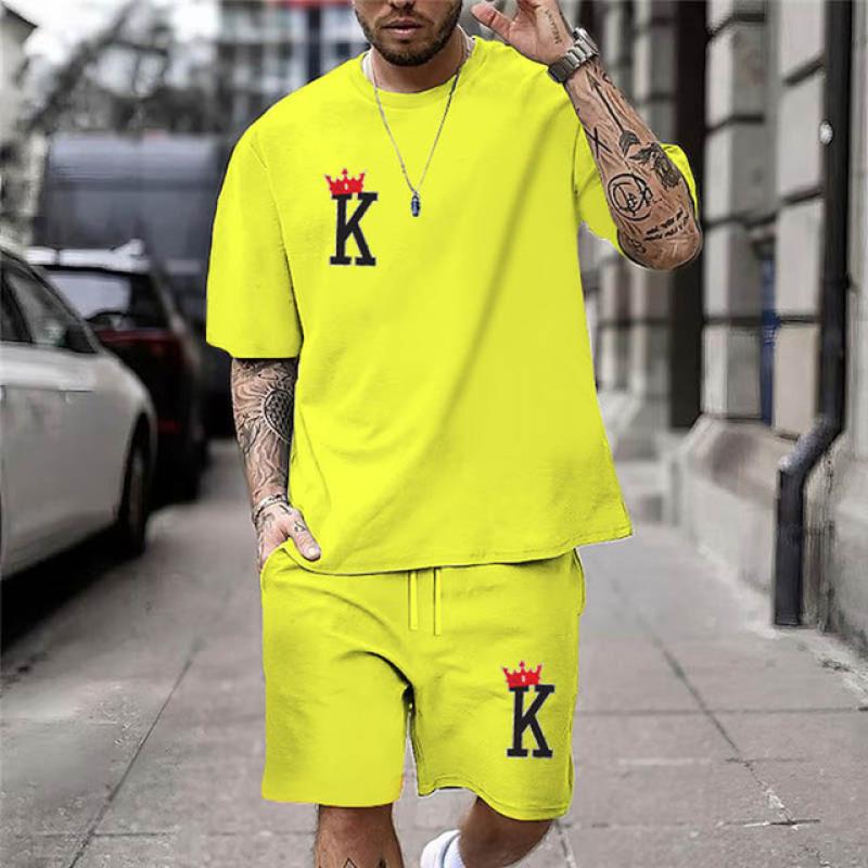 Gold K Print Men's T-Shirt Shorts Set Summer Chic Casual Loose Oversized Street Clothes Fashion Short Sleeves And Shorts For Men