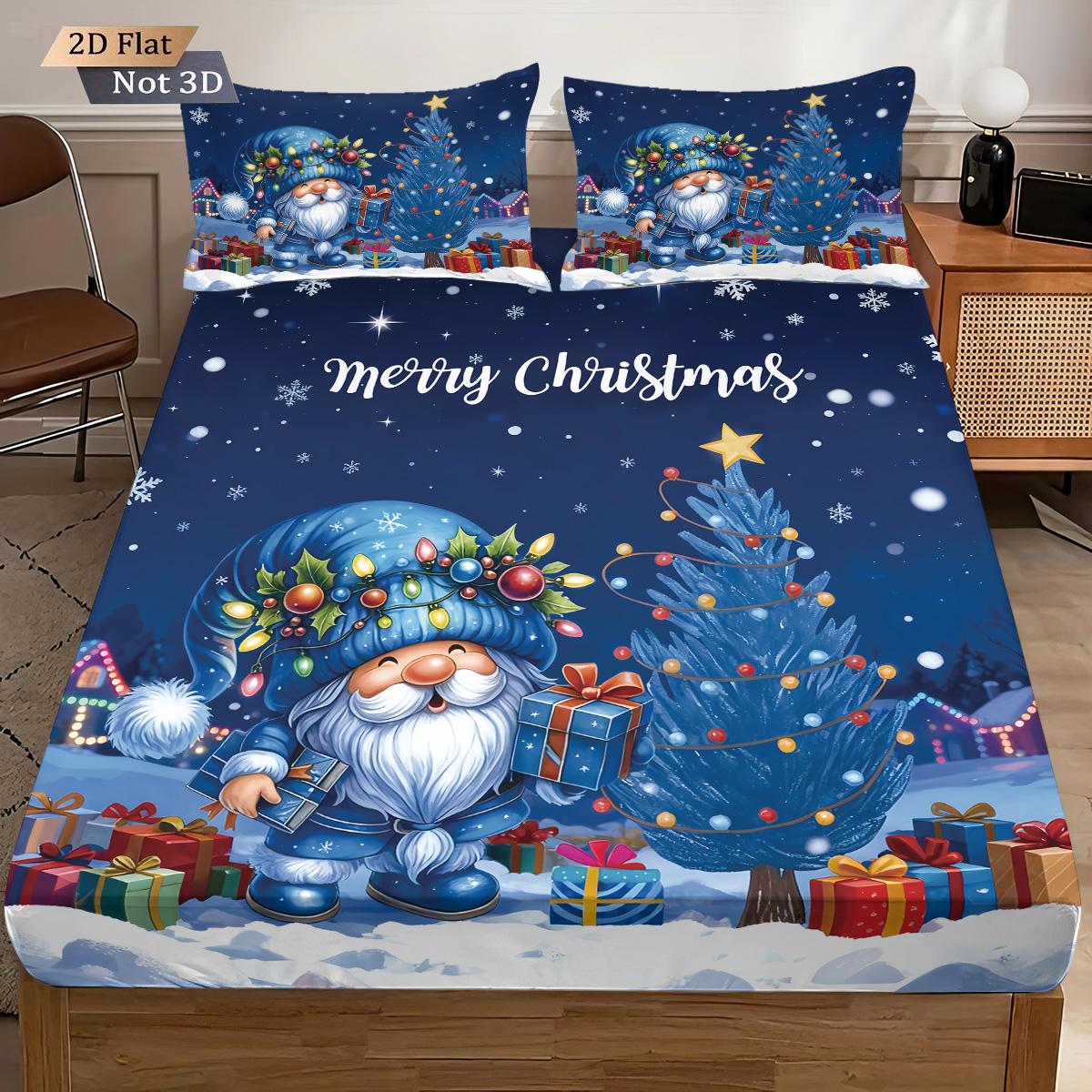 

3Pcs Merry Christmas Christmas Tree Goblin Printed Coreless Bedsheet Set Multiple Sizes Bedrooms Bed Covers Holiday Decorations 90x191