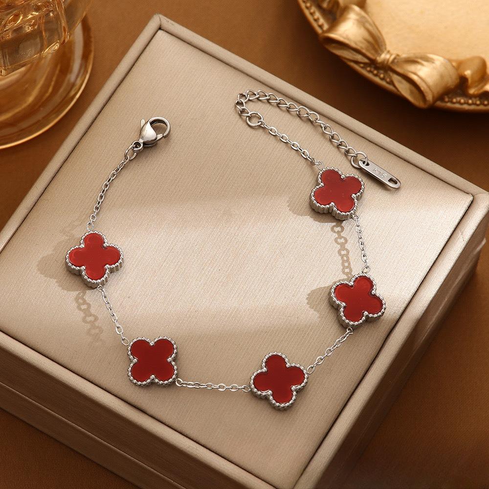 Steel-colored Four-leaf Flower Bracelet 13MM Titanium Steel Chain Four-leaf Clover Double-sided Non-fading OL Mother-of-pearl Exquisite Bracelet