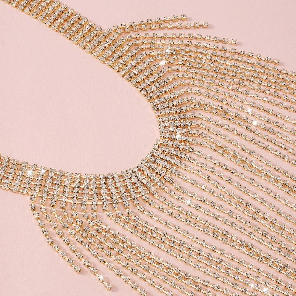 Korean Style Full Rhinestone Necklace Geometric Clavicle Chain Long Tassel Necklace  Wedding