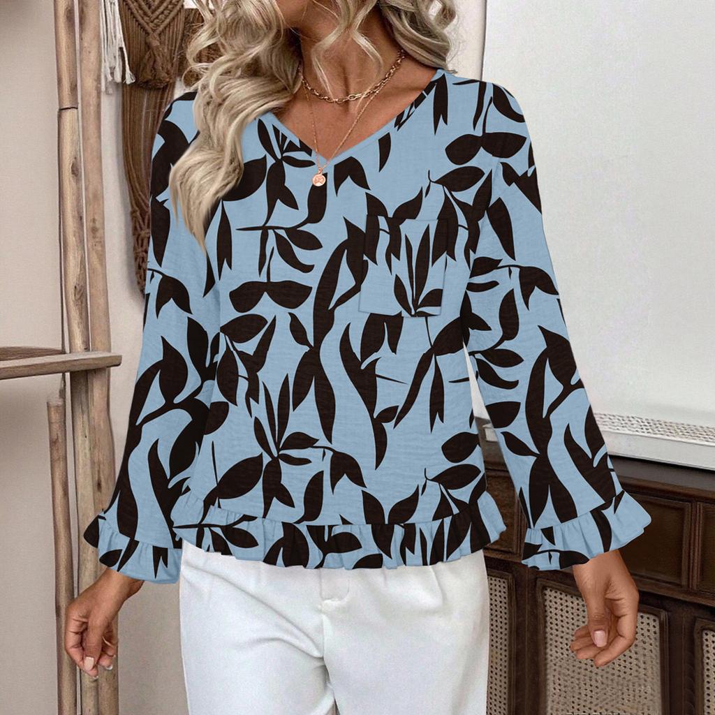 Women's Casual Fashion Ruffle V-Neck Pocket Print Long Sleeve Top