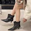Fashion Pointed Toe Metal Buckle Strap Short Boots For Female Women Thin High Heel 2024 New Leather Fabric Elegant Sexy Winter Shoes