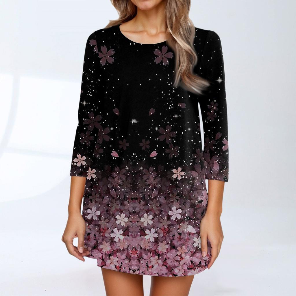 Dámský módní ležérní top s tříčtvrtečním rukávem a dlouhým rukávem, s květinovým potiskem a kulatým výstřihem