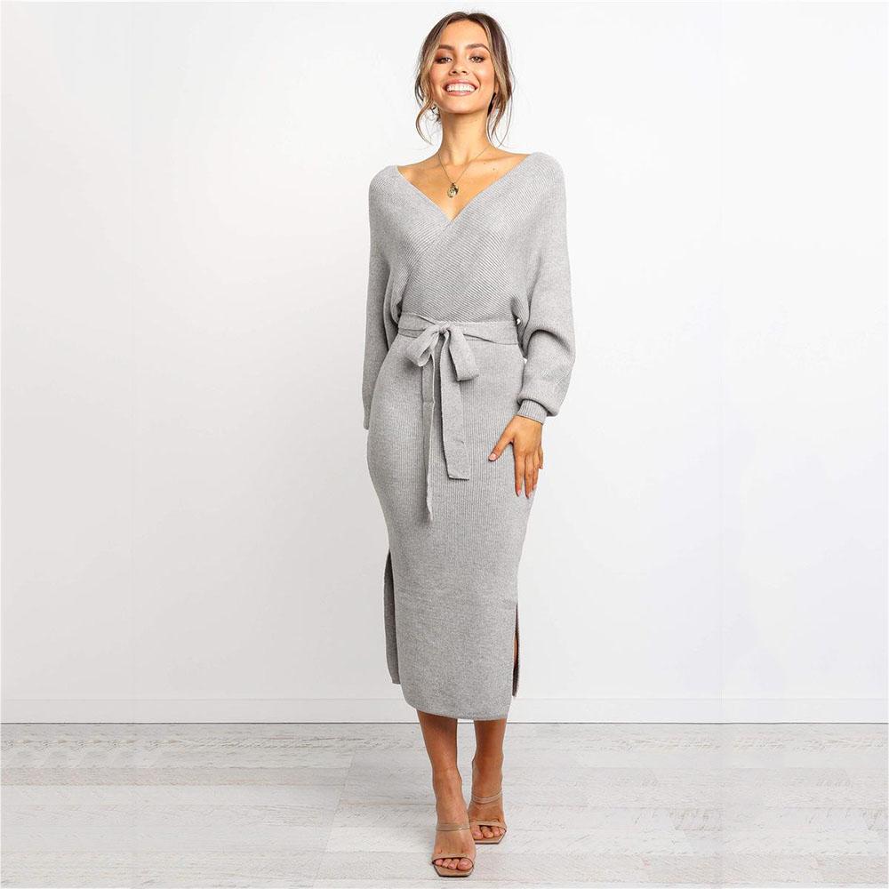 WarmJacktes Autumn Winter Women 'S Knit Solid Color Long -Sleeved V -Neck Dress Warm Bottoming Skirt