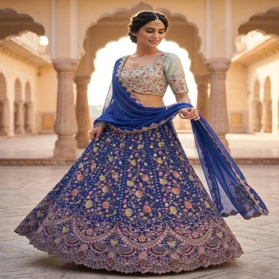 Royal Blue Floral Embroidered Lehenga Set FREE SIZE королевский синий