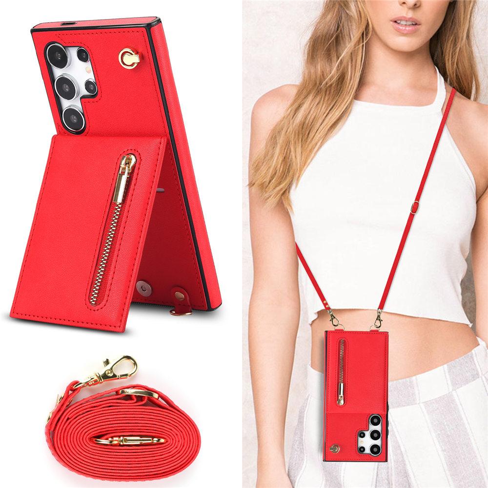 Zipper Crossbody Wallet Case For Samsung Galaxy S25 S24 Ultra S23 Plus S24FE S22 S21 S20 Note 20 Cards Holder Lanyard Cover