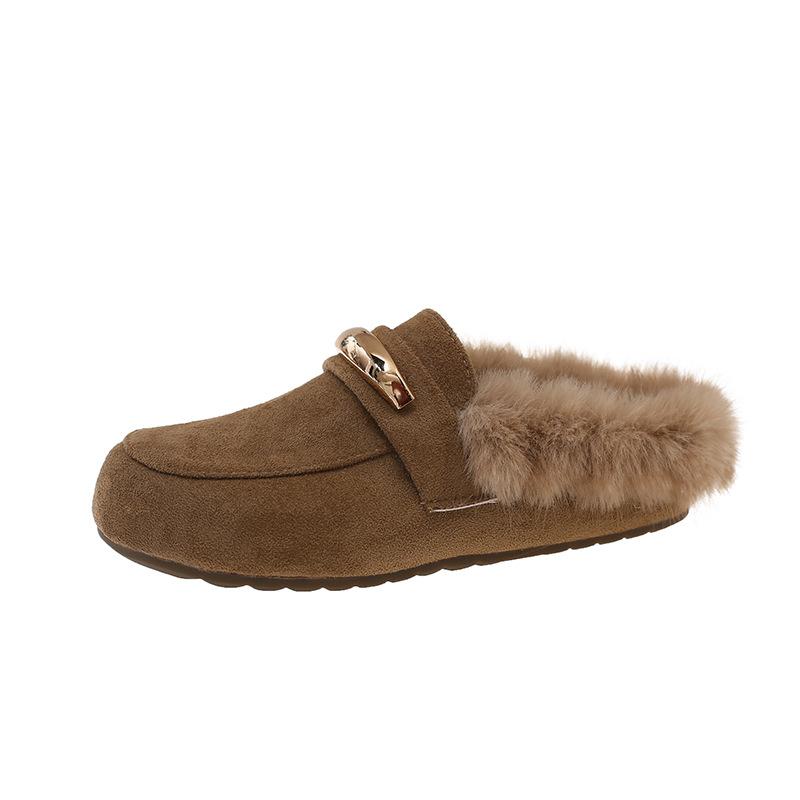 Korean version of retro metal fluffy slippers women's outer wear 2025 autumn and winter new lazy Muller shoes bag head loafers
