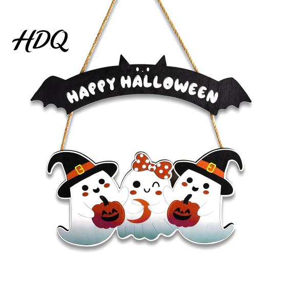 Festival Hanging Sign Happy Halloween Ghost Door Sign, Wooden Three Entrance Plaque Hanger, Front Wall Party Supplies Boxwood Pendant
