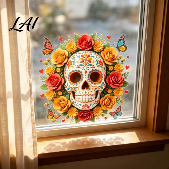 Creative Holiday Gifts for Friends Day of The Dead Skull Flower Static Sticker Colorful Mexican Floral Glass Indoor Outdoor Festive Window
