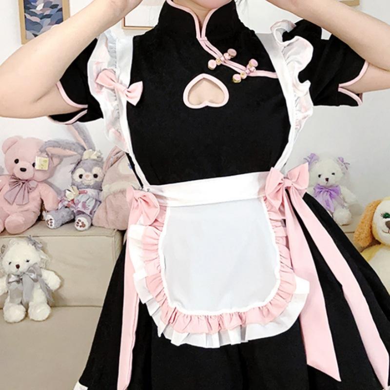 Chinese style maid outfit COS hollow new Chinese cheongsam maid uniform suit dress