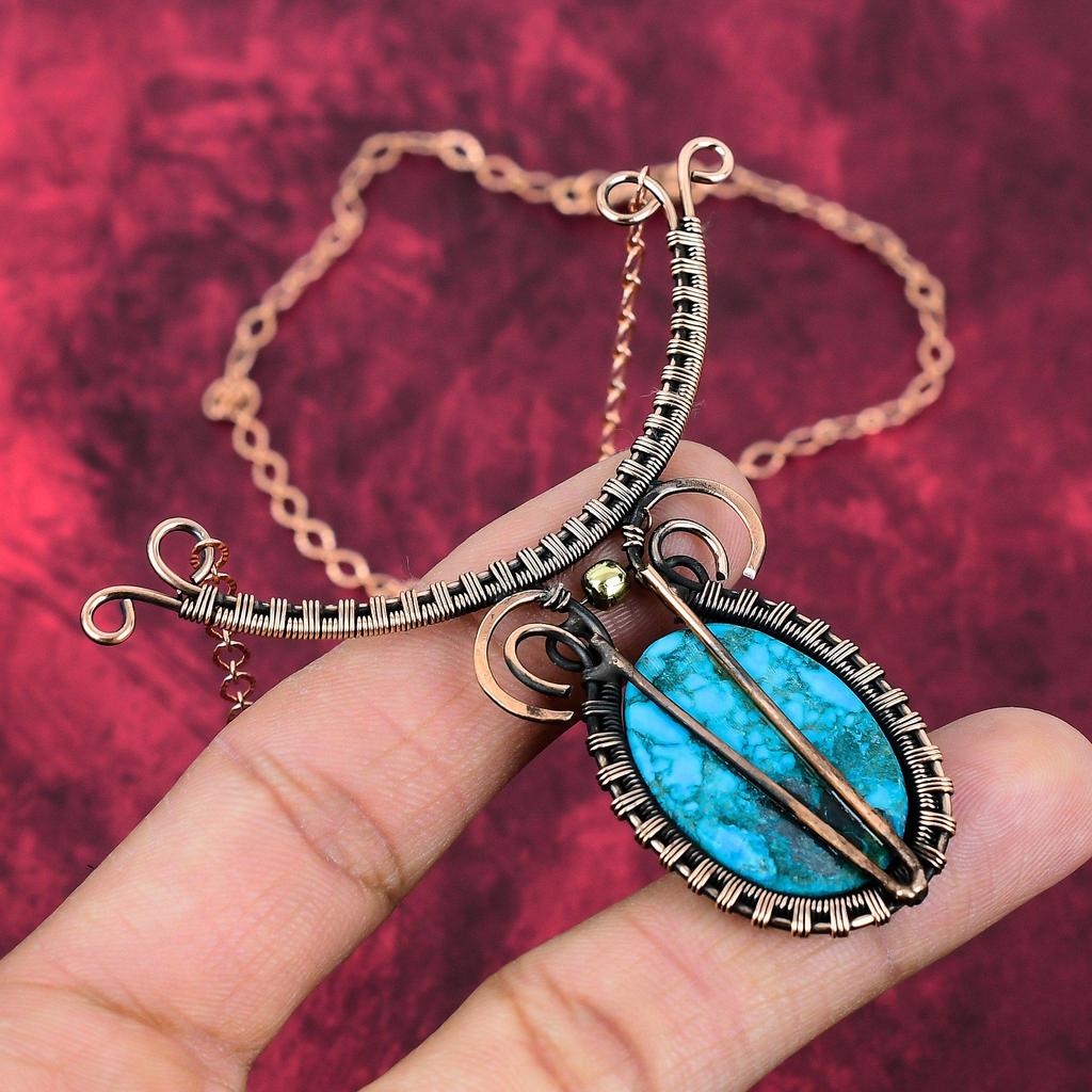 Tibetan Turquoise Necklace Copper Wire Wrapped Necklace Adjustable Chain Necklace Handmade Copper Jewelry Gemstone Necklace Engagement Gifts