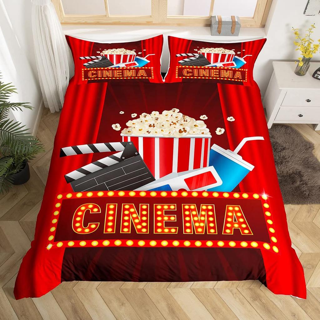 Vintage Kino Bettbezug für Familie Junge Mädchen Heimkinozimmer Dekor Vollständiges Film-Thema Bettdeckenbezug Film-Thema Bettwäscheset