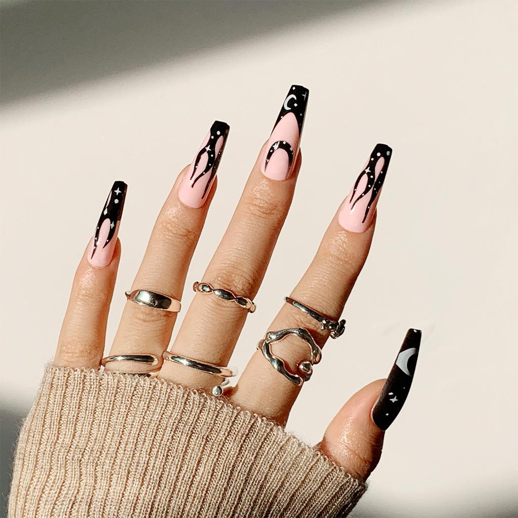 Black and white star and moon long ballet wear nail art finished fake nail removable nail piece Press on nail
