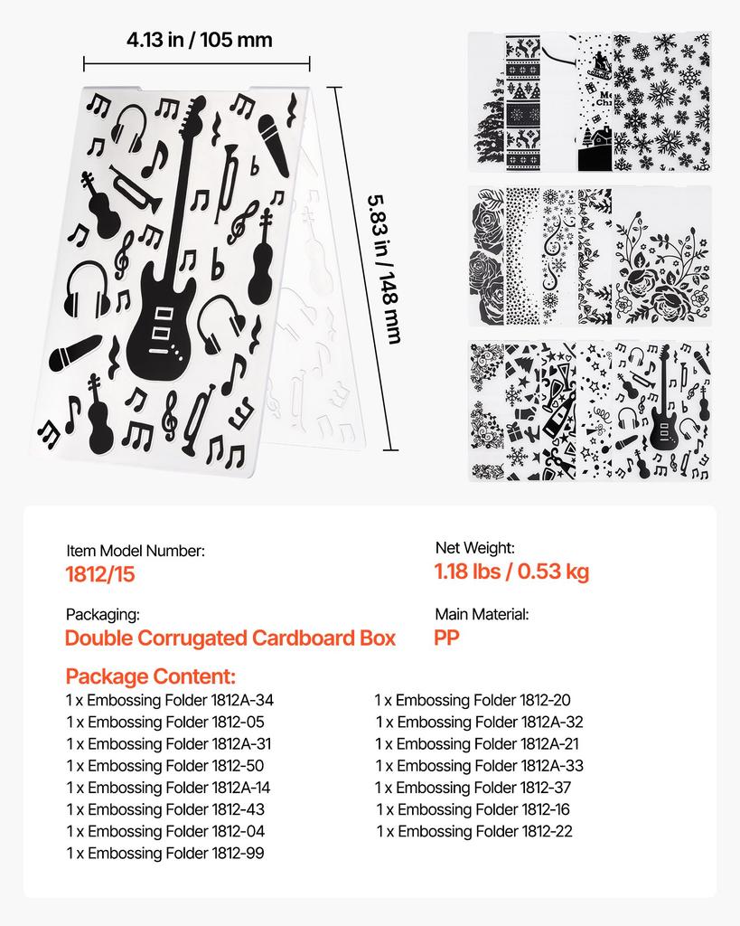 VEVOR Embossing Folders, 15 Pieces, 105 x 148 mm, Background Embossed Plates for VEVOR Die Cutting and Embossing Machine