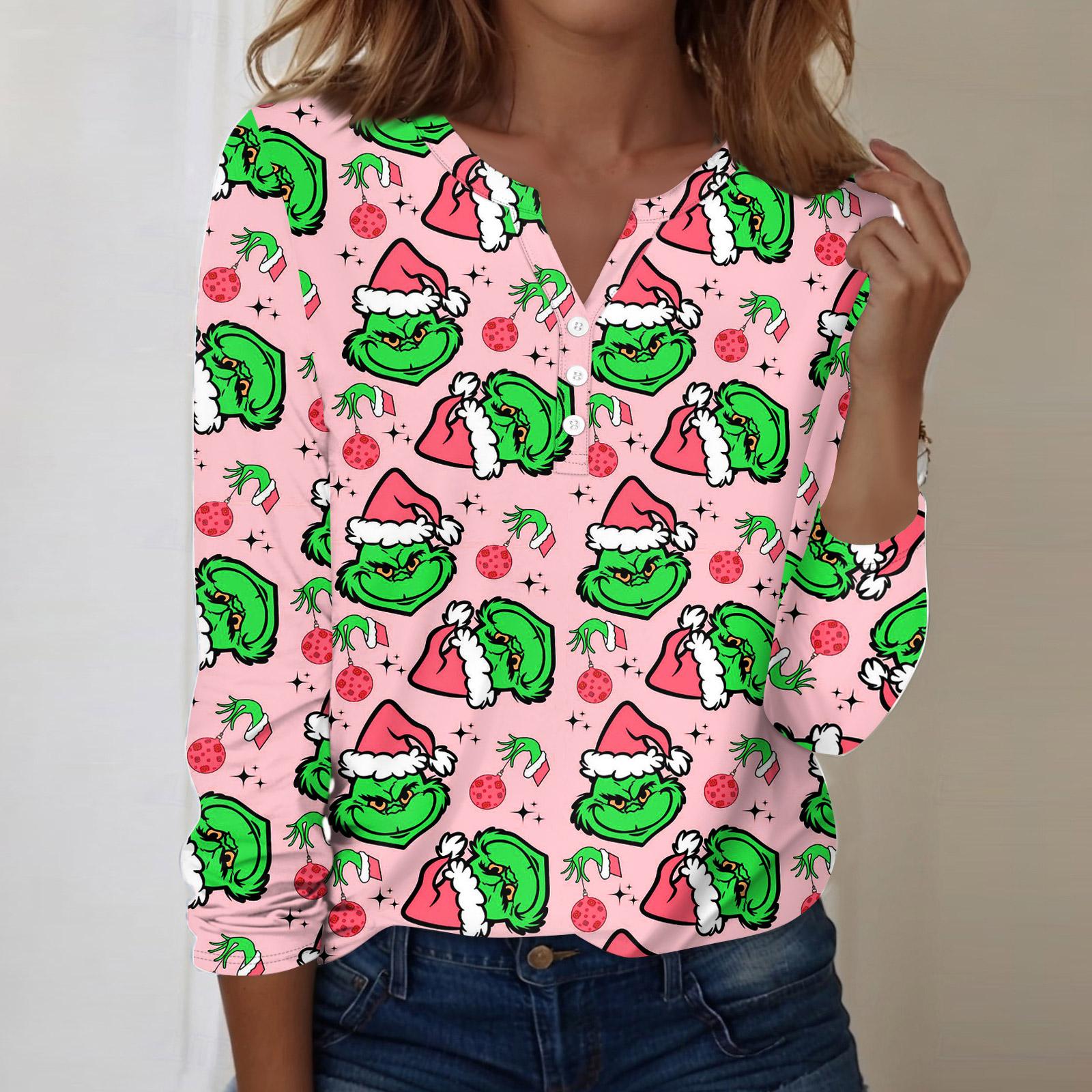 

Женская модная повседневная блузка с V-образным вырезом, длинным рукавом и декоративными пуговицами, с рождественским принтом S розовый