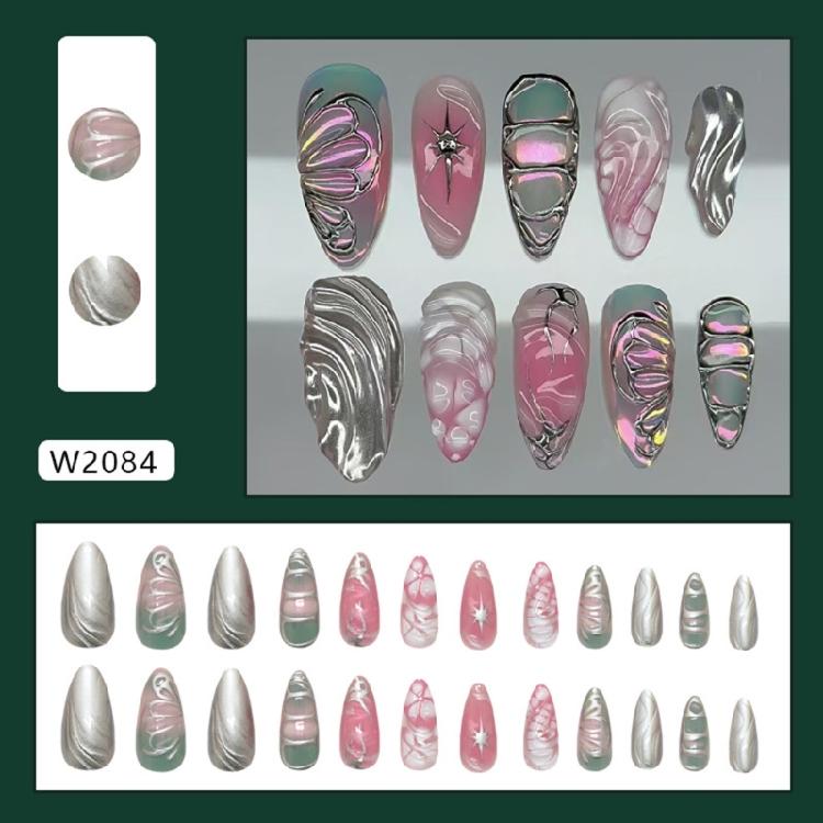 Fashion Press On Nail Set of 24 Glossy 3D Ripples Silver Frozens Butterfly Pearls Finish Daily Use Style