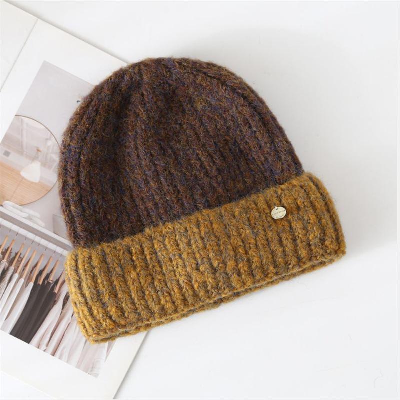 Autumn and winter color matching wool hat female winter couple cold-proof knitted hat versatile thermal ear protection hat shopping cold hat