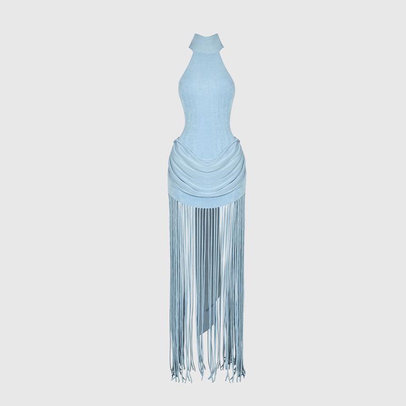 2026 European & American Style Women's Knit Backless Lace-up Tassel Maxi Halter Dress
