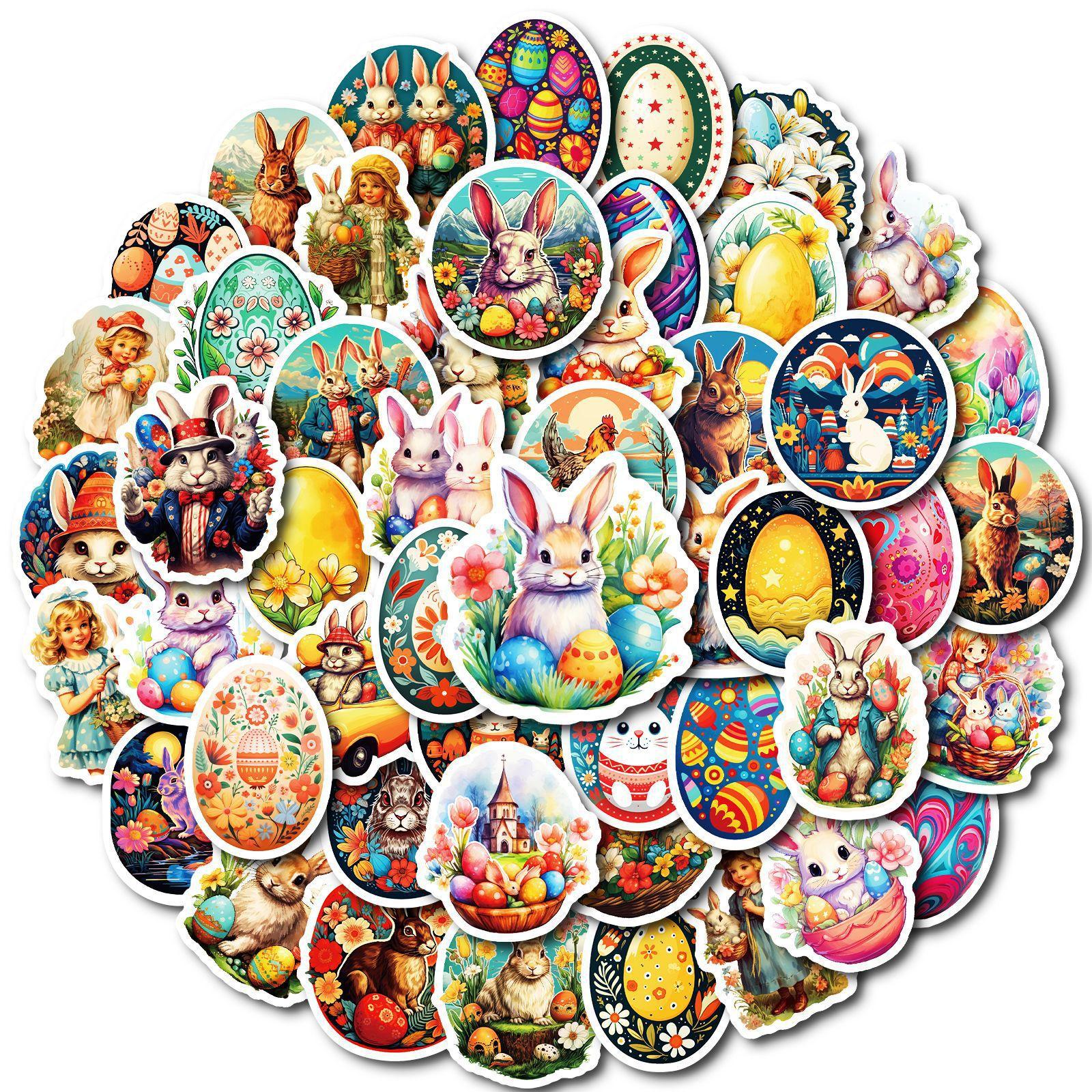 

50 Stickers of Various Festival Themes Hand-painted Creative Resurrection Rabbit Goose Egg Stickers