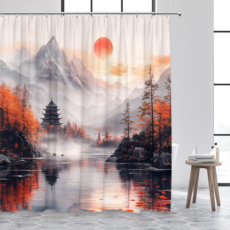 Ink Landscape Shower Curtain Abstract Mountain Water Red Floral Birds Chinese Style Bath Curtains Home Bathroom Decor with Hooks