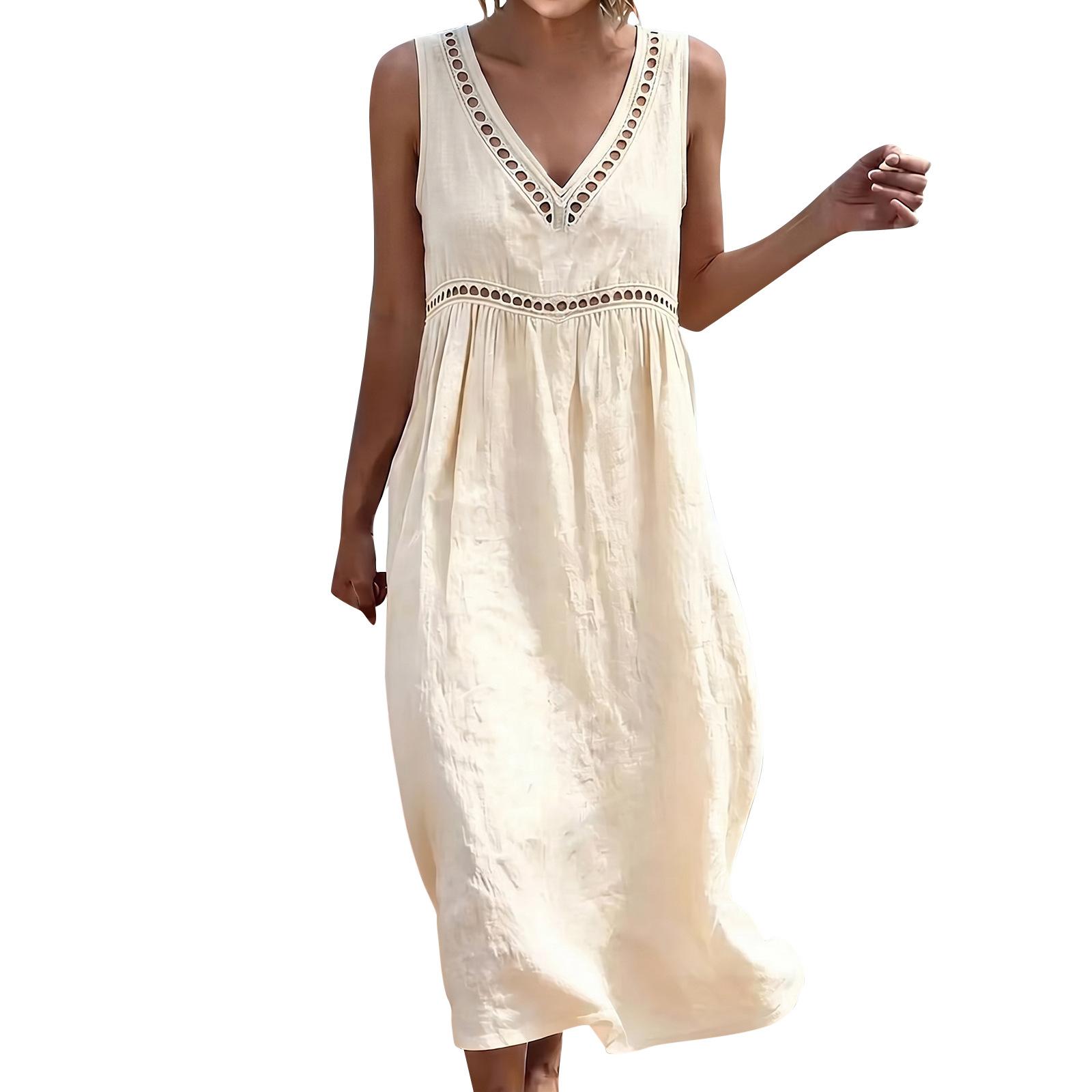 Women Sleeveless V Neck Maxi Dress Solid Color Casual Loose Fit Summer Dress With Eyelet Detail Multi Color S