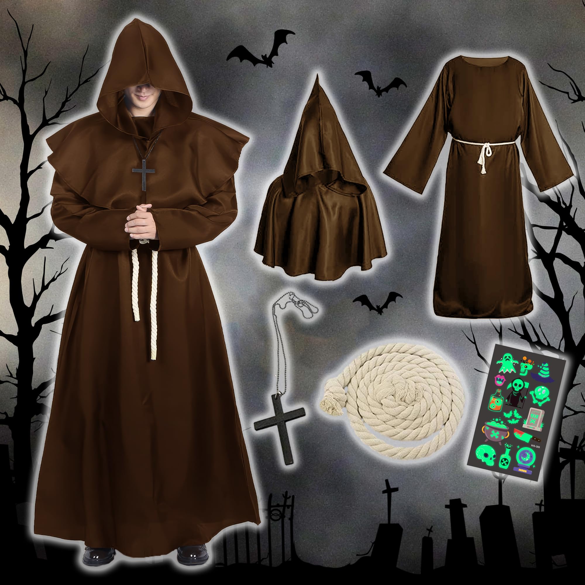 

Костюм монаха для косплея на Хэллоуин, светящаяся татуировка на талии, костюм мрачного монаха на Хэллоуин, костюм мрачного жнеца, школьный клуб с привидениями, игра, M [GOKEI] [набор из 5 предметов, мантия, капюшон, кофейный