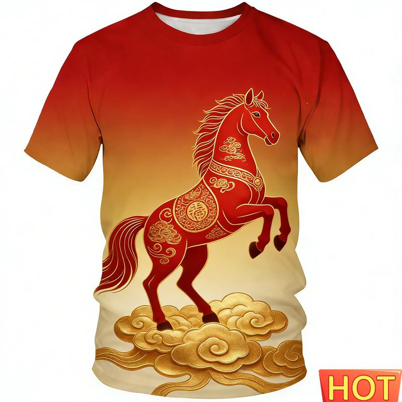 Chinese New Year Horse T-shirt For Men Women 2026 Happy New Year Round Neck Tee Shirts Polyester Family Short Sleeves Red Tops