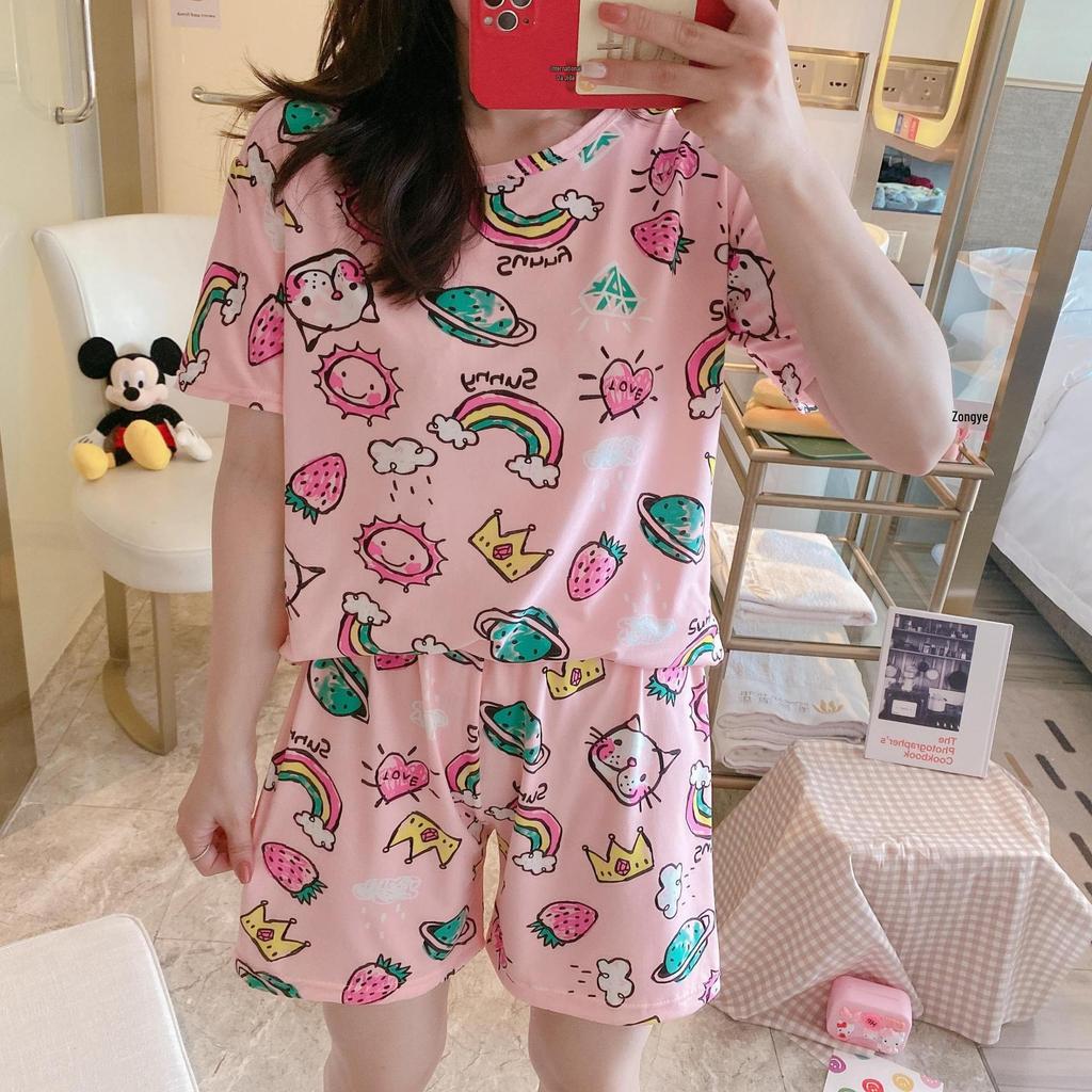 Women's Cute Summer Pajama Set - Short-Sleeved Top & Shorts, Casual Cartoon Loungewear for Indoors and Out.