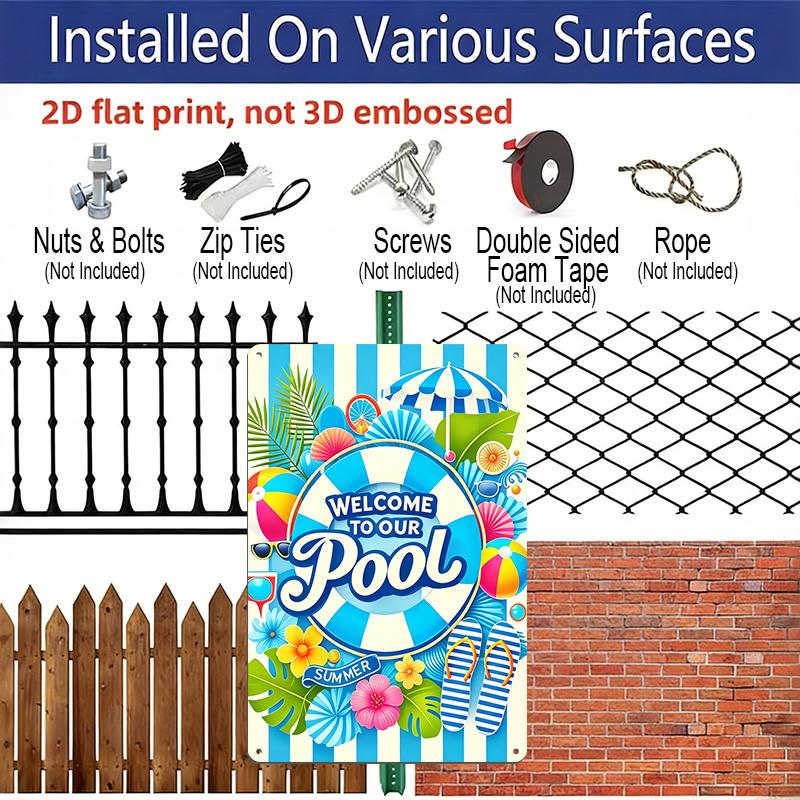 2D Flat, 1pc "Welcome To Our Pool" Summer Metal Wall Art Sign - 8*12 Inch Aluminium Tropical Poolside Decor, Colorful Beach Ball & Flip Flop Themed