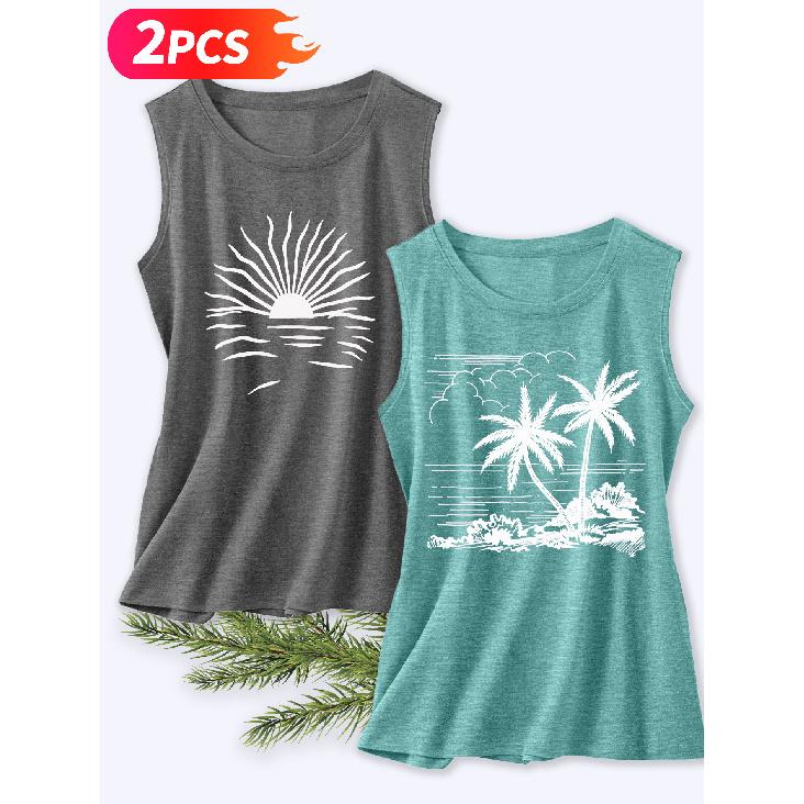 Follow a Specific Direction Two-piece Women's Tank Top with Beach Coconut Tree Print Elegant Summer Party Outfits Sleeveless Vest Essential Fashion