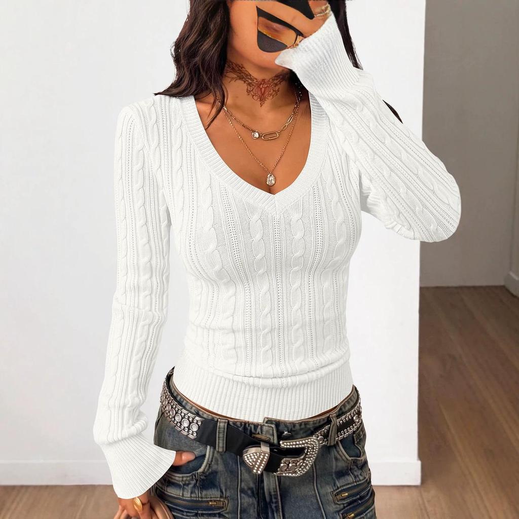 2026 Spring/Autumn Women's V-Neck Cable Knit Sweater - Loose European & American Street Style, Solid Color, Spicy Girl Knitwear