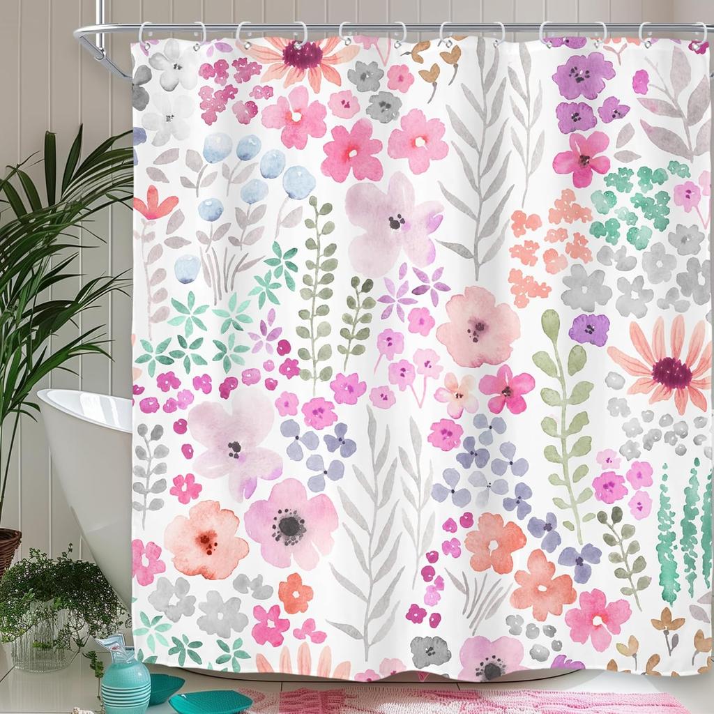 Spring Boho Style Kids Girls Teen Wildflowers Pink Watercolor Fabric Bathroom Curtains, Trendy Botanical Bathroom Decor Set