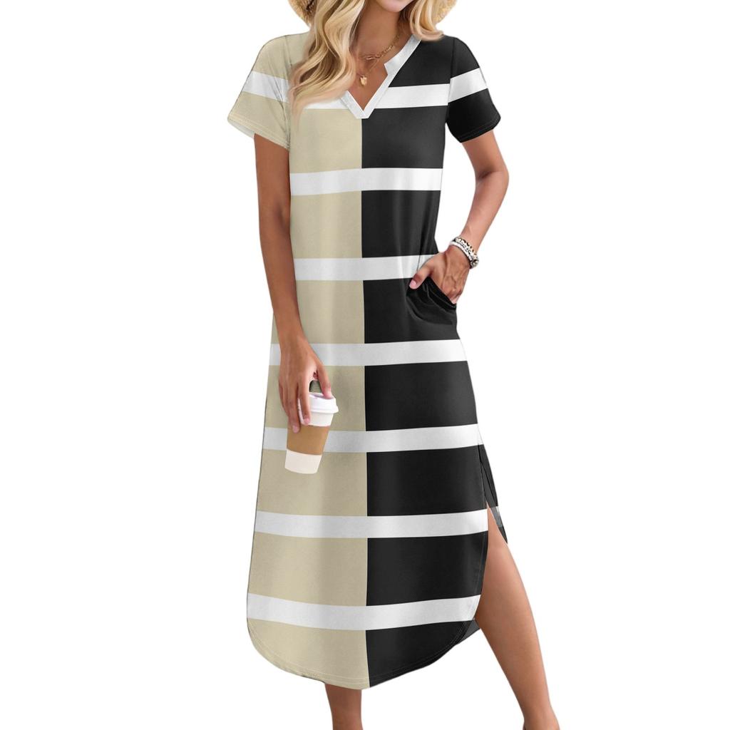 Women's Casual Comfortable V Neck Loose Hem Split Vacation Short Sleeve Striped Long Dresses