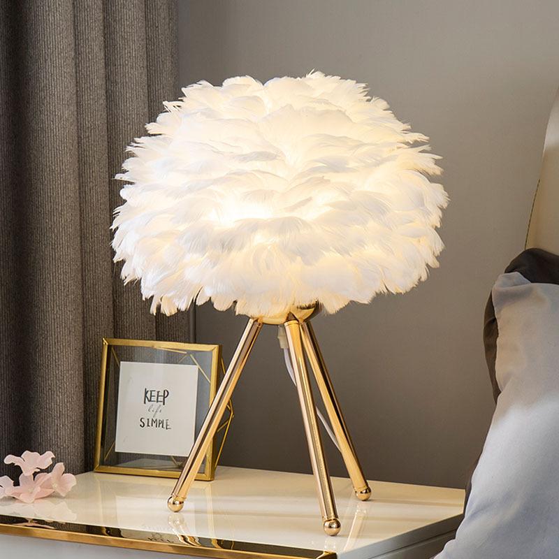 Feather LED Table Lamp with Push Button Subdued Light Decorative Gold Desk Bed Night Light