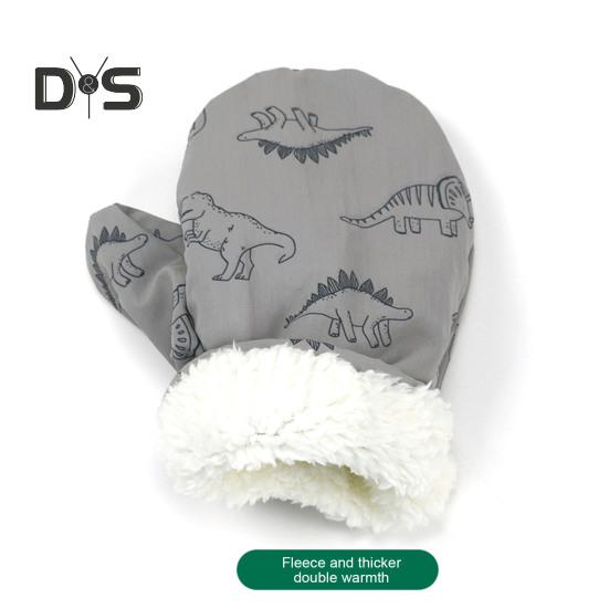 1 Pair Children Winter Mittens Thick Plush-lined Windproof Cartoon Dinosaur Cold Weather Outdoor Gloves Adjustable Fasten Strap Anti-Slip Ski Gloves