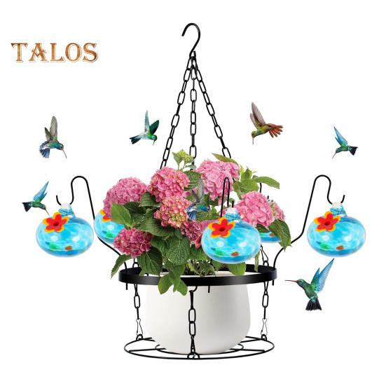 Hand Blown Glass Hummingbird Feeder 2-in-1 Hanging Metal Planter Holder with 6 Small Blown Glass Birdfeeder for Garden Backyard Window Decor