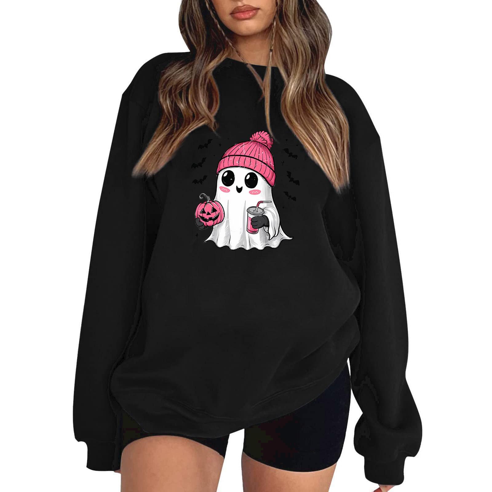 

Женский пуловер с принтом Хэллоуина, круглый вырез, заниженная линия плеча, блузка с длинными рукавами M чёрный