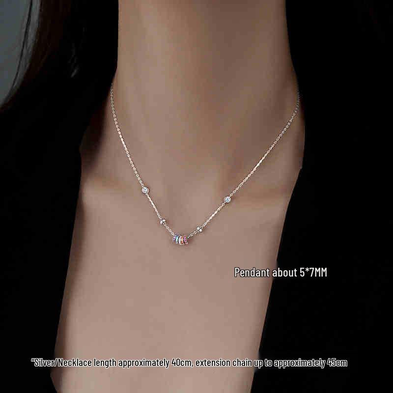 S925 Silver Women s Rainbow Circle Necklace with Rotating Colored Diamond Pendant - 2024 Choker Clavicle Chain 925 Silver