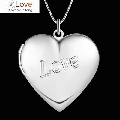 Pretty 925 Stamped Ασημένιο Ρομαντικό LOVE Heart Κορνίζα Κρεμαστό κολιέ για Γυναικεία Μόδα Γούρια Κοσμήματα Δώρα Γάμου