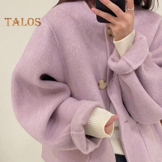 Fall Winter Women Jacket Crew Neck Single-breasted with Side Pockets Loose Short Type Woolen Jacket Shopping Commuting Daily Coat